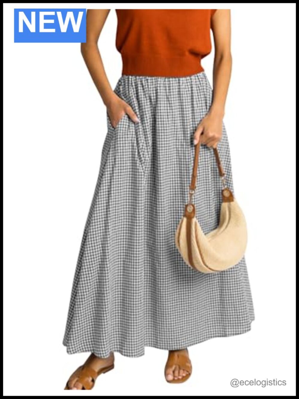 Women's Cotton Plaid Maxi Skirt with Pockets High Waist Flowy